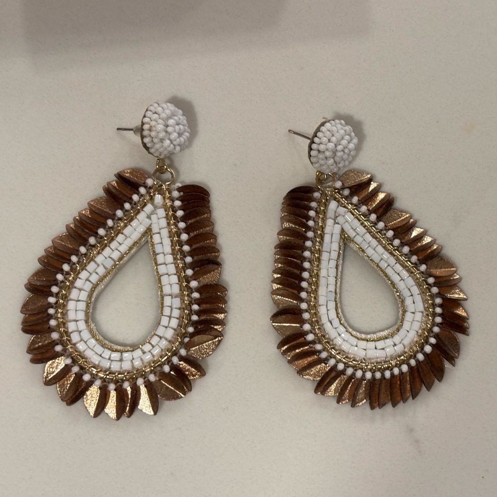 Piper K Brown White Teardrop Bead Drop Earrings Dangle Hand Beaded Leather